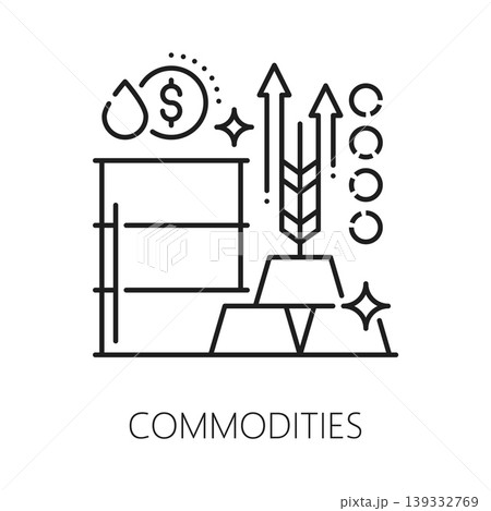 Investment commodities, finance line icon or emblem. Stock market investor fund vector pictogram, investment commodities icon. Venture capital company symbol with oil barrel, wheat ear and gold bars Investment commodities, finance line icon or emblem. Stock market investor fund vector pictogram, investment commodities icon. Venture capital company symbol with oil barrel, wheat ear and gold bars 139332769