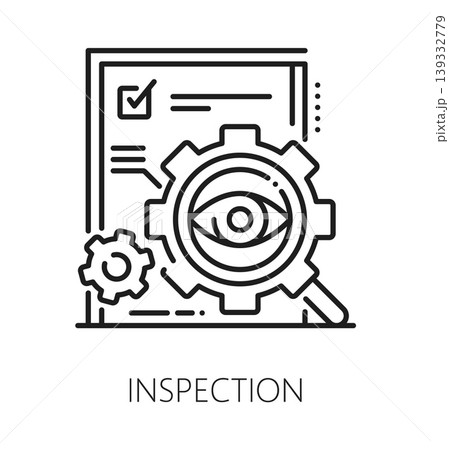 Production quality inspection line icon or pictogram. Product regulation control icon, quality certification vector pictogram. Standards inspection sign with human eye, cogwheel and magnifying glass Production quality inspection line icon or pictogram. Product regulation control icon, quality certification vector pictogram. Standards inspection sign with human eye, cogwheel and magnifying glass 139332779