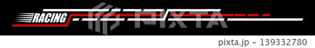 Race car, rally competition sticker or patch. Motocross and speed drive competition sticker, car race stripe vector tag. Drag racing championship patch or motorsport decal red and white label 139332780