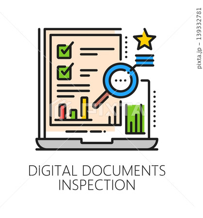 Digital document inspection icon or label. Production documents control symbol, factory regulation color line vector pictogram. Product quality inspection icon with laptop and magnifying glass 139332781