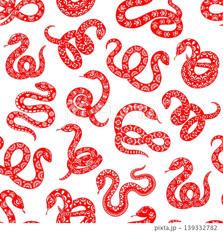 Asian snake reptiles seamless pattern. Red snakes intricately decorated with white floral and geometric ornaments, textile pattern, folk art and culture, traditional festival decorations pattern 139332782