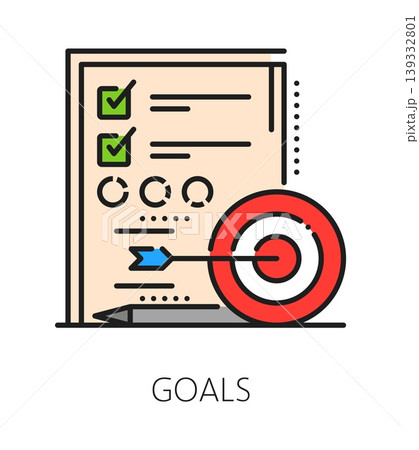 Product quality goals inspection icon or pictogram. Regulatory certification icon, factory regulation inspection color line vector pictogram. Business goals symbol with checklist and arrow in target Product quality goals inspection icon or pictogram. Regulatory certification icon, factory regulation inspection color line vector pictogram. Business goals symbol with checklist and arrow in target 139332801