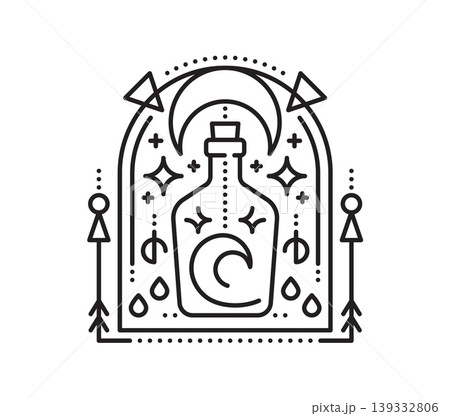 Pirate message in bottle esoteric line symbol. Corsair esoteric linear vector tattoo, filibuster pirate magic outline symbol. Buccaneer or privateer tarot thin line print or sign with rum glass bottle 139332806