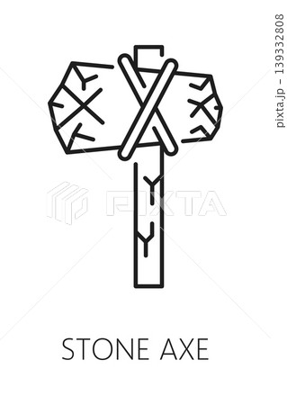 Stone age history museum exposition line icon or label. Museum exposition outline pictogram, history exhibition vector icon or lineart symbol with hunter gatherer stone axe weapon or primitive tool 139332808