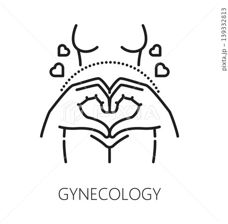 Woman reproductive health and gynecology, urinary medical line icon. Gynecology and health, fertility icon, pregnancy vector pictogram. Urinary medicine symbol with woman body, heart hand gesture Woman reproductive health and gynecology, urinary medical line icon. Gynecology and health, fertility icon, pregnancy vector pictogram. Urinary medicine symbol with woman body, heart hand gesture 139332813