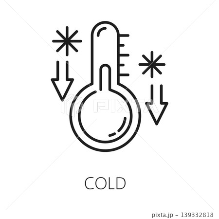 Low temperature icon of thermometer with cold weather arrows down and snowflakes, vector pictogram. Cold temperature icon for temp information sign or thermal regulator control pictogram 139332818