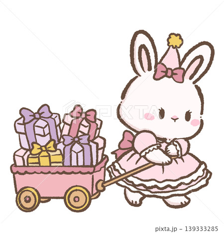 Kawaii Bunny Gift Wagon Clipart Cute Birthday Bunny Pulling Cart With Presents Party Illustration 139333285