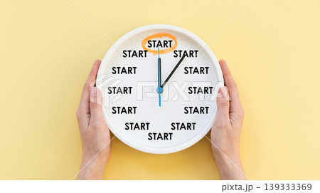 Female Hands Holding Clock with START Text Motivation and New Beginning Concept 139333369