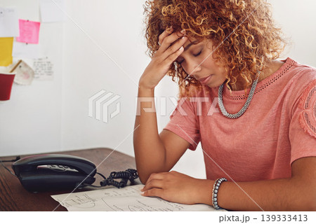 Headache, documents or woman in office for administration, paperwork report or project deadline. Migraine pain, stress or frustrated secretary at desk working on research or agenda with depression Headache, documents or woman in office for administration, paperwork report or project deadline. Migraine pain, stress or frustrated secretary at desk working on research or agenda with depression 139333413