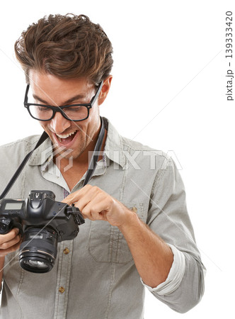 Man, photographer and happy or camera studio for picture result as creative vision, capture hobby or white background. Male person, point and excited at digital equipment, mockup space or art skill Man, photographer and happy or camera studio for picture result as creative vision, capture hobby or white background. Male person, point and excited at digital equipment, mockup space or art skill 139333420