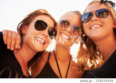 Woman, friends and outdoor music festival for summer holiday, celebration or party concert. Female person, happy and nature for community carnival or excited group smile, event or social gathering 139333454