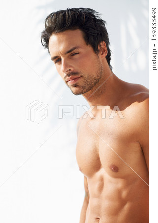 Portrait, man and shirtless and thinking in studio with fashion mock up on white background in Greece. Male model, face and serious expression with idea for cool, trendy and modern style in space Portrait, man and shirtless and thinking in studio with fashion mock up on white background in Greece. Male model, face and serious expression with idea for cool, trendy and modern style in space 139333499