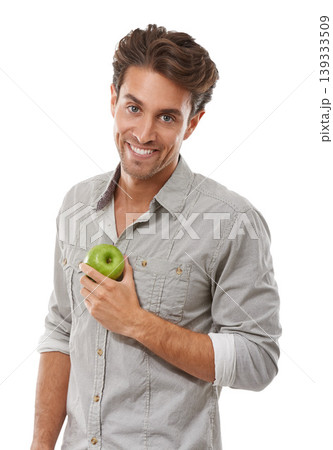 Portrait, smile and man with apple, food and healthy diet isolated on a white background in studio. Face, happy person and green fruit for nutrition, vegan and wellness benefits, vitamin c or organic Portrait, smile and man with apple, food and healthy diet isolated on a white background in studio. Face, happy person and green fruit for nutrition, vegan and wellness benefits, vitamin c or organic 139333509