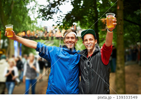 Beer, nature festival portrait and happy friends smile for fun bond, wellness beverage cup or woods social event. Forest music concert, drunk men or outdoor people excited for alcohol drinks 139333549