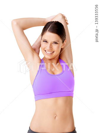 Portrait, fitness and woman with smile, stretching and workout isolated on a white studio background. Face, person and model with training, exercise and health with wellness, athlete and performance 139333556
