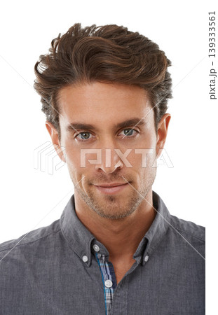 Portrait, confidence and business man in studio isolated on a white background. Face, creative professional and entrepreneur, employee and designer working on profile picture at startup in Spain Portrait, confidence and business man in studio isolated on a white background. Face, creative professional and entrepreneur, employee and designer working on profile picture at startup in Spain 139333561