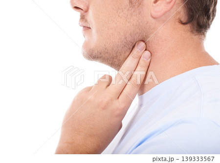Man, hand and checking pulse on neck for rate, beat or health and wellness against a white studio background. Closeup of male person finger touching for heart monitoring or blood pressure on mockup 139333567