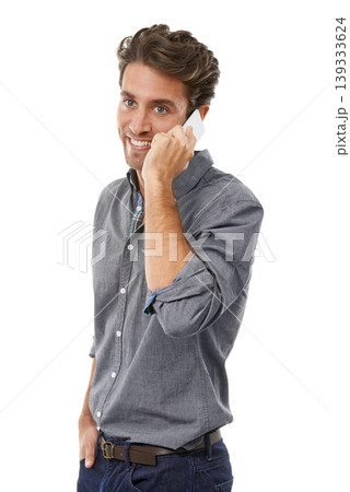 Business man, phone call and studio for communication, consulting and chat to contact on white background. Happy worker, mobile networking and feedback of advice, conversation and talk of negotiation Business man, phone call and studio for communication, consulting and chat to contact on white background. Happy worker, mobile networking and feedback of advice, conversation and talk of negotiation 139333624