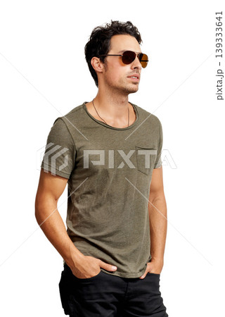 Handsome man, sunglasses and fashion in style for cool, mindset or positive attitude against a white studio background. Face of attractive young male person or model posing in stylish casual clothing 139333641