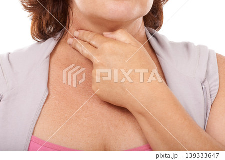 Woman, pulse and checking with fingers on neck, white background and hand in closeup. Mature person, heart rate and measure cardiovascular wellness in studio, vitality and monitor heartbeat or health 139333647