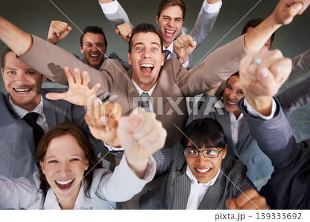 Portrait, cheers or professional people celebration, energy or excited for winning success, agency achievement or victory. Sale deal notification, top view group or team celebrate winner announcement Portrait, cheers or professional people celebration, energy or excited for winning success, agency achievement or victory. Sale deal notification, top view group or team celebrate winner announcement 139333692