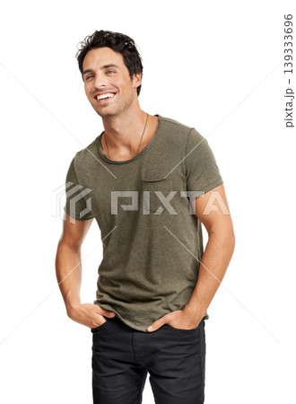Thinking, smile and man with fashion, happiness and confident guy isolated on a white studio background. Ideas, person and model with joy, cheerful and solution with daydreaming and mockup space Thinking, smile and man with fashion, happiness and confident guy isolated on a white studio background. Ideas, person and model with joy, cheerful and solution with daydreaming and mockup space 139333696