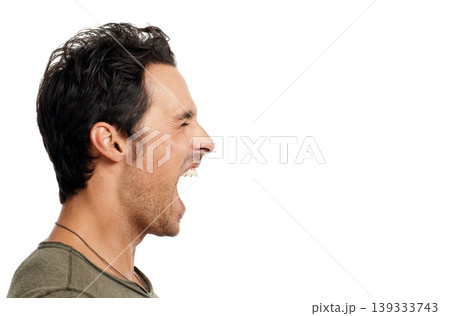 Profile, anger and screaming with man, stress and expression isolated on white studio background. Person, guy and model with depression, mockup space and shouting with emotions, crisis and frustrated 139333743