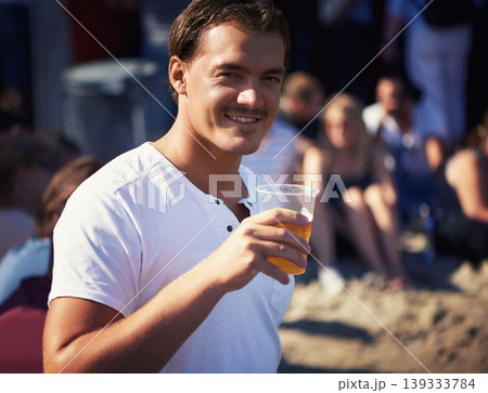 Portrait of man at music festival with smile, beer and relax in nature for fun concert event. Drink, celebration and person at outdoor party for freedom, adventure and happy people on spring break. Portrait of man at music festival with smile, beer and relax in nature for fun concert event. Drink, celebration and person at outdoor party for freedom, adventure and happy people on spring break. 139333784