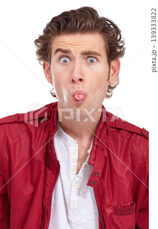 Silly, tongue out and portrait of a man with funny joke and comedy face gesture in a studio. Modern, quirky and hipster fashion of a male model with fun and playful in a white background with outfit Silly, tongue out and portrait of a man with funny joke and comedy face gesture in a studio. Modern, quirky and hipster fashion of a male model with fun and playful in a white background with outfit 139333822