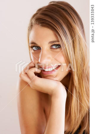 Skincare portrait, happiness and studio woman with skin collagen wellness, facial foundation cosmetics or beauty glow. Face makeup, spa salon treatment and dermatology model smile on white background 139333843