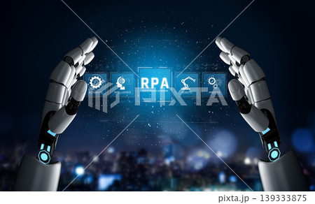 Futuristic robotic hands showcase RPA concept, highlighting automation and intelligence with sleek digital icons against a modern technological backdrop. Sigmoid 139333875