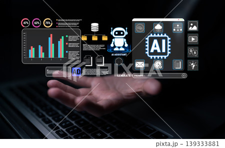Futuristic Technology Concept with AI Assistant and Data Visualization on Laptop Screen in Dark Environment Fluxor Futuristic Technology Concept with AI Assistant and Data Visualization on Laptop Screen in Dark Environment Fluxor 139333881