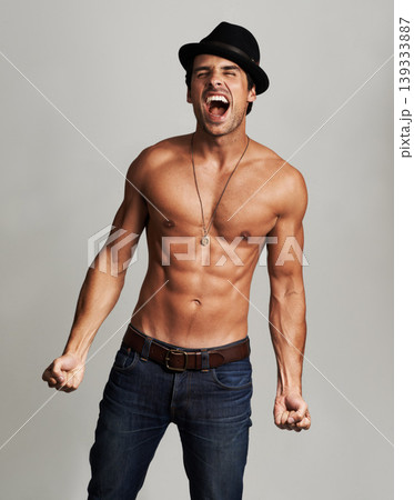 Strong, fitness model and man shirtless, scream or muscular torso abs from strength training, body building or workout. Bodybuilder, studio energy or topless person shout isolated on white background Strong, fitness model and man shirtless, scream or muscular torso abs from strength training, body building or workout. Bodybuilder, studio energy or topless person shout isolated on white background 139333887