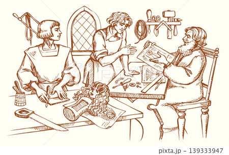 Vector illustration. A master teaches a student the art of craftsmanship. Vector illustration. A master teaches a student the art of craftsmanship. 139333947