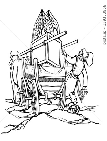 Vector drawing. The ark of the covenant being transported on a wooden cart pulled by two oxens 139333956