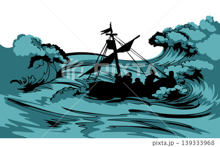 Vector drawing. Sailors on a ship in a storm 139333968