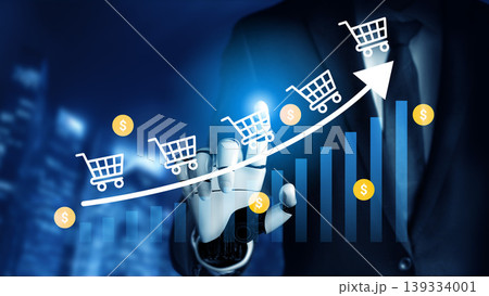 Businessman Interacting with Digital Shopping Cart Graph and Currency Symbols for E-commerce Growth and Financial Success in Urban Environment Ledger Businessman Interacting with Digital Shopping Cart Graph and Currency Symbols for E-commerce Growth and Financial Success in Urban Environment Ledger 139334001