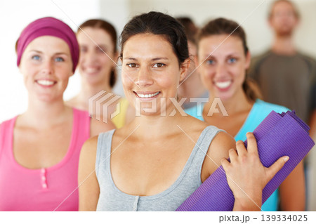 Portrait, yoga or fitness and a group of women in a studio for health, wellness or mindfulness. Exercise, workout and pilates with happy young friends in gym class together for holistic training Portrait, yoga or fitness and a group of women in a studio for health, wellness or mindfulness. Exercise, workout and pilates with happy young friends in gym class together for holistic training 139334025