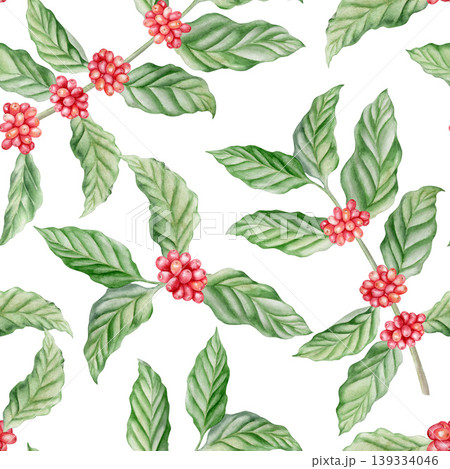 Watercolor coffee seamless pattern with green leaves and red berries. Hand drawn botanical background of coffee branches for fabric, wallpaper, packaging and cafe decor. Watercolor coffee seamless pattern with green leaves and red berries. Hand drawn botanical background of coffee branches for fabric, wallpaper, packaging and cafe decor. 139334046