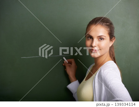 Woman, teacher portrait and writing on chalkboard for education, learning information and teaching. Face of a young professor, lecturer or class educator drawing a line on board for school knowledge Woman, teacher portrait and writing on chalkboard for education, learning information and teaching. Face of a young professor, lecturer or class educator drawing a line on board for school knowledge 139334114