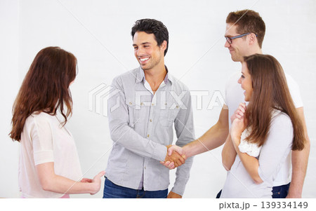 Happy business people, handshake and introduction for teamwork, success and b2b agreement, acquisition deal or praise. Employees shaking hands for partnership, collaboration and welcome to onboarding 139334149