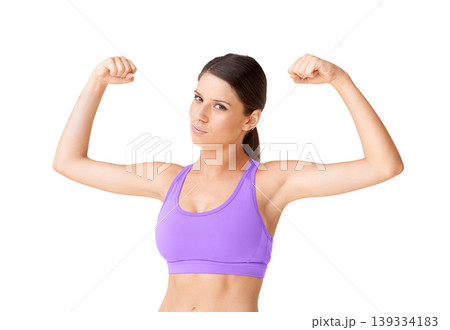 Strong, flexing and portrait of woman with fitness from workout or sports in white background. Serious, athlete and pride from achievement, development or power in studio space with confidence Strong, flexing and portrait of woman with fitness from workout or sports in white background. Serious, athlete and pride from achievement, development or power in studio space with confidence 139334183