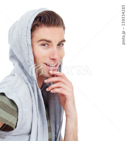 Portrait, smile and fashion with a young man in studio isolated on a transparent background for streetwear. Face, happy and hoodie with a person in a sweater for trendy style or casual clothing Portrait, smile and fashion with a young man in studio isolated on a transparent background for streetwear. Face, happy and hoodie with a person in a sweater for trendy style or casual clothing 139334285