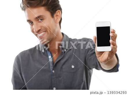 Business man, portrait and phone screen for advertising space, presentation or mobile newsletter in studio on white background. Happy worker, smartphone mockup or review sales information coming soon Business man, portrait and phone screen for advertising space, presentation or mobile newsletter in studio on white background. Happy worker, smartphone mockup or review sales information coming soon 139334293