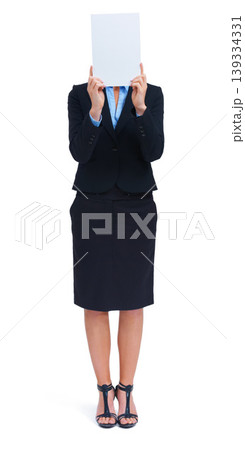 Woman, mockup and poster in studio for information news, communication or business sale. Female person, board and hiding face as corporate worker for about us contact, signage on white background Woman, mockup and poster in studio for information news, communication or business sale. Female person, board and hiding face as corporate worker for about us contact, signage on white background 139334331