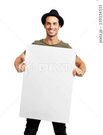 Man, portrait and smile with poster mockup in studio for advertising, information or marketing. Male person, billboard placard or white background or signage for recommendation, promo or presentation Man, portrait and smile with poster mockup in studio for advertising, information or marketing. Male person, billboard placard or white background or signage for recommendation, promo or presentation 139334335