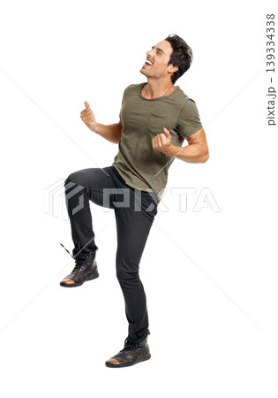 Man, happy and jumping for celebration, excited and energy by white background in studio. Male person, freedom and victory or winner, carefree and ecstatic for achievement in competition or joy Man, happy and jumping for celebration, excited and energy by white background in studio. Male person, freedom and victory or winner, carefree and ecstatic for achievement in competition or joy 139334338