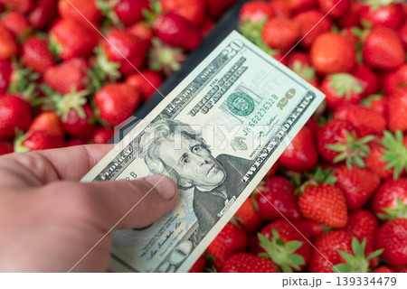 Male paying 20 dollars for strawberry. Giving dollar banknote with strawberry background Male paying 20 dollars for strawberry. Giving dollar banknote with strawberry background 139334479