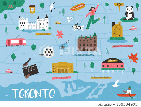 Toronto illustrated map with landmarks, nature and city lifestyle elements Toronto illustrated map with landmarks, nature and city lifestyle elements 139334905