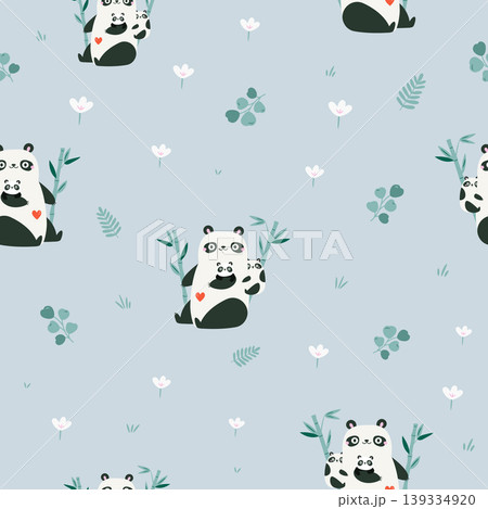 Seamless pattern with cartoon panda families and bamboo on light blue background 139334920